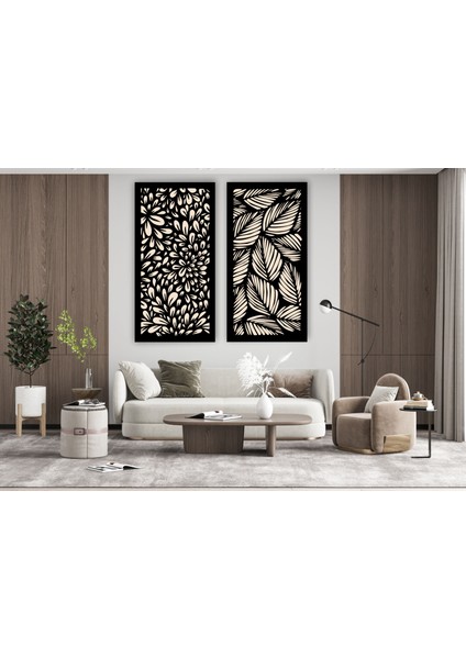 LandiWork Ahşap Yaprak Desenli Tablo, Ahşap Duvar Dekorasyonu, Ahşap 2'li Duvar Tablosu