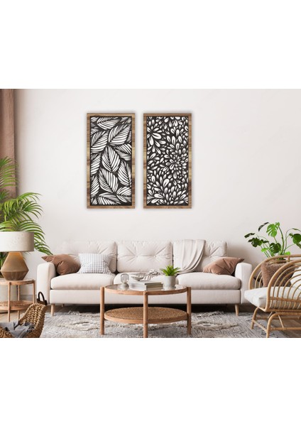 LandiWork Ahşap Yaprak Desenli Tablo, Ahşap Duvar Dekorasyonu, Ahşap 2'li Duvar Tablosu