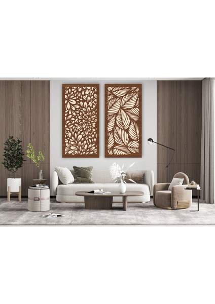 LandiWork Ahşap Yaprak Desenli Tablo, Ahşap Duvar Dekorasyonu, Ahşap 2'li Duvar Tablosu