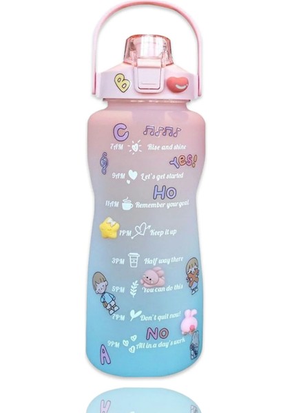 Motivasyon Yazılı Su Şişesi ,Suluk , Matara 2 Lt. Stickerli Pembe-Mavi