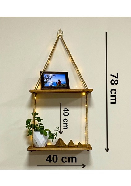 Raf - Ahşap Raf – Duvar Rafı - Jüt Ipli Ledli Ikili Duvar Rafı - Dekoratif Raf