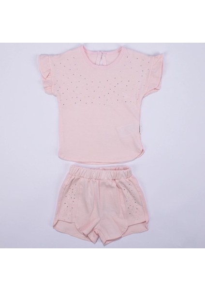 Kız Bebek Pudra Taşlı Şortlu 2'li Takım
