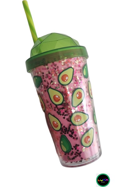 Kalp Simli Avokado Desenli Çift Cidarlı Pipetli Plastik Bardak 540 ml Luna