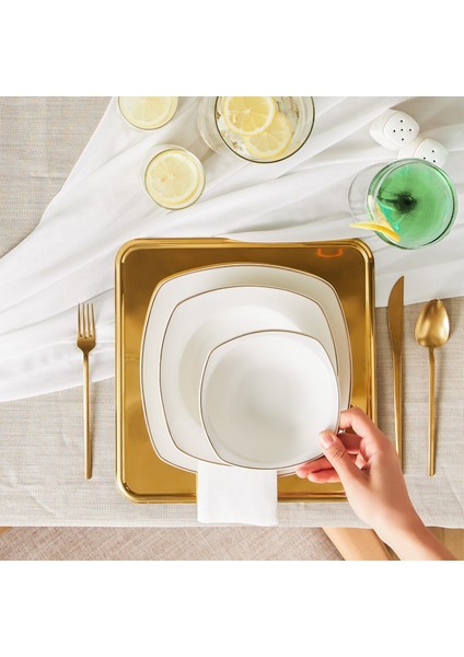 Roman Gold Square Shape Kayıklı 27 Parça 6 Kişilik Porselen Yemek Takımı