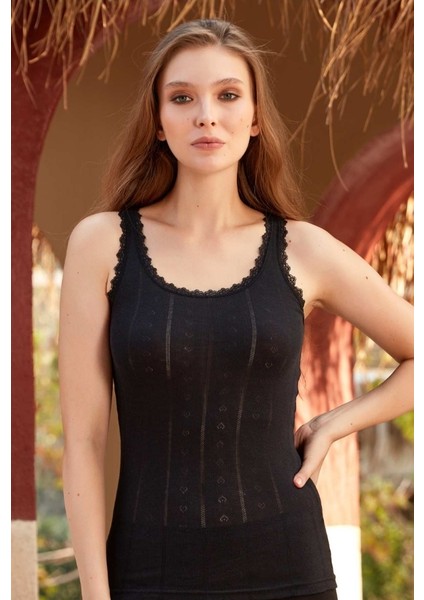 8049 3'lü Kadın Kalp Desenli Yaka Dantelli Kalın Askılı Atlet