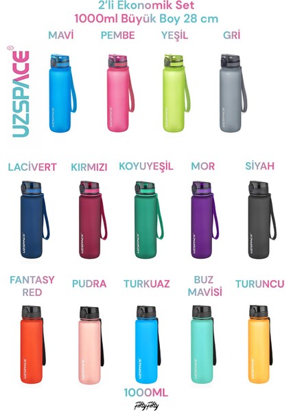 2'li Tritan Matara Seti 1000 ml Büyük Boy 14 Farklı Renk Seçeneği Fiftyfifty fırsatları