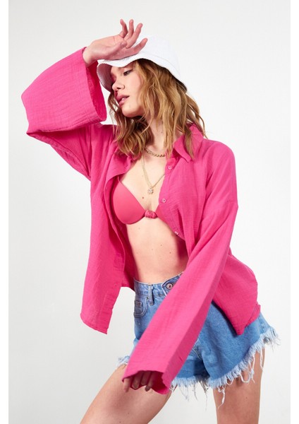 Fuşya Kolları Salaş Kadın Gömlek modelleri