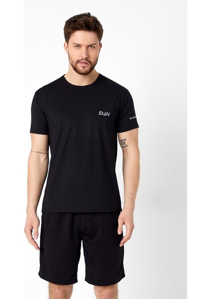 Run Nefes Alan Spor Kısa Kollu Reflektör Baskılı T-Shirt Siyah Erkek