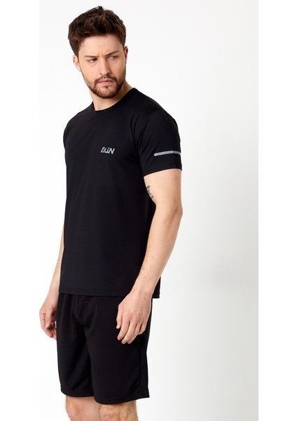 Run Nefes Alan Spor Kısa Kollu Reflektör Baskılı T-Shirt Siyah Erkek