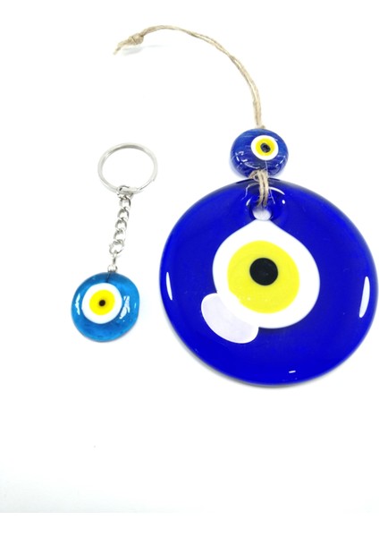 Nazar Boncuğu Duvar Dekoru 9 cm + Anahtarlık El Yapımı Cam Dekoratif Hediyelik Eşya Seti