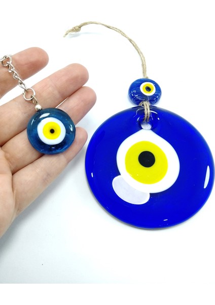 Nazar Boncuğu Duvar Dekoru 9 cm + Anahtarlık El Yapımı Cam Dekoratif Hediyelik Eşya Seti