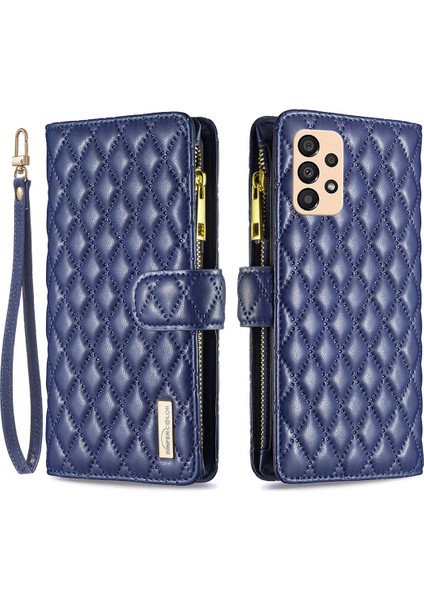 Samsung Galaxy A33 5g Bf Style-15 Için Binfen Renk Anti-Damla Fermuarlı Cep Pu Deri Telefon Kapağı Basılı Eşkenar Dörtgen Desen Mat Flip Case Stand (Yurt Dışından)