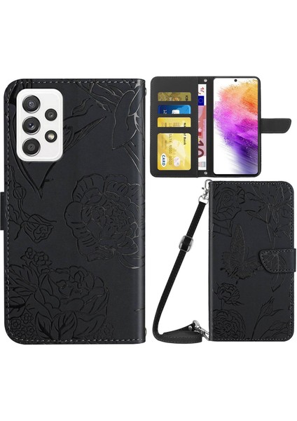 Samsung Galaxy A73 5g Iyi Korunmuş Akıllı Telefon Kasası Için, Cilt Dokunuşu Pu Deri Kelebek ve Çiçek Baskısı Desenini Destekleyen Stant Cüzdanı Telefon Kapağı Omuz Askısı ile (Yurt Dışından)