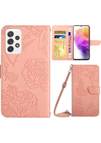 Samsung Galaxy A73 5g Iyi Korunmuş Akıllı Telefon Kasası Için, Cilt Dokunuşu Pu Deri Kelebek ve Çiçek Baskısı Desenini Destekleyen Stant Cüzdanı Telefon Kapağı Omuz Askısı ile (Yurt Dışından)