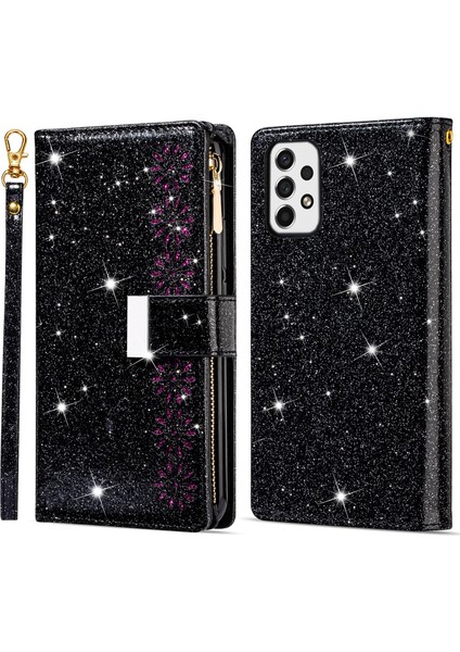 Damgaya Dayanıklı Lazer Işçiliği Yıldızlı Tarzı Fermuar Cüzdan Standı Deri Telefon Kasası Samsung Galaxy A53 5g (Yurt Dışından)