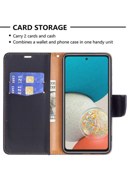 Düz Renkli Litchi Doku Şok Geçirmez Folio Flip Manyetik Kapatma Deri Kasa Kapak Cüzdanlı Samsung Galaxy A53 5g (Yurt Dışından)