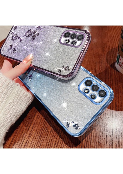 Samsung Galaxy A53 Için 5g Gradyan Glitter Tpu Kapak Çiçek Rhinestone Dekor Anti-Drop Telefon Kılıfı (Yurt Dışından)