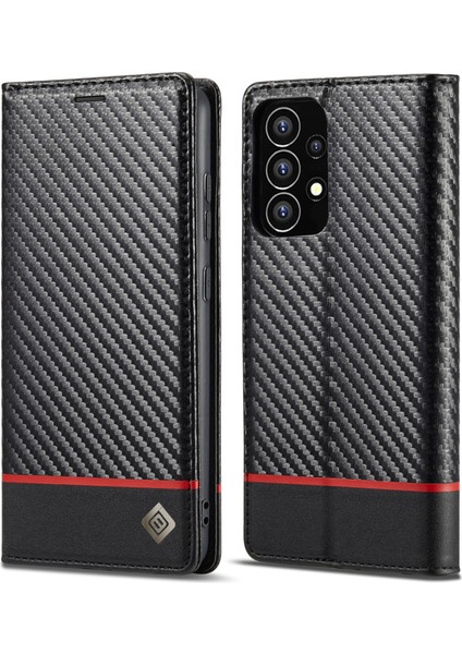 Karbon Fiber Doku Manyetik Otomatik Emici Pu Deri Telefon Kasası Kapak Cüzdanlı Samsung Galaxy A53 5g (Yurt Dışından)