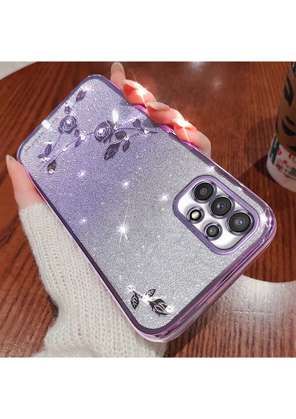 Samsung Galaxy A53 Için 5g Gradyan Glitter Tpu Kapak Çiçek Rhinestone Dekor Anti-Drop Telefon Kılıfı (Yurt Dışından)