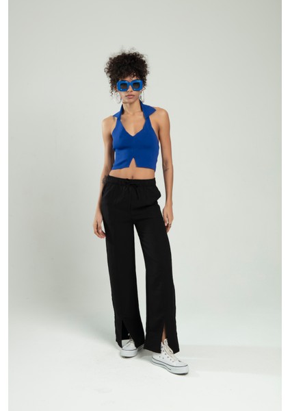 Kadın V Açmalı Polo Yaka Spor Triko Crop Top Büstiyer