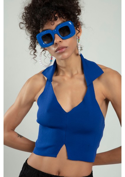 Kadın V Açmalı Polo Yaka Spor Triko Crop Top Büstiyer fiyatları