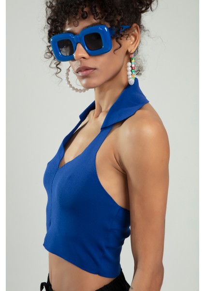 Kadın V Açmalı Polo Yaka Spor Triko Crop Top Büstiyer modelleri