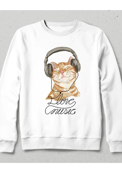 Kulaklık Kedi Sweatshirt Beyaz