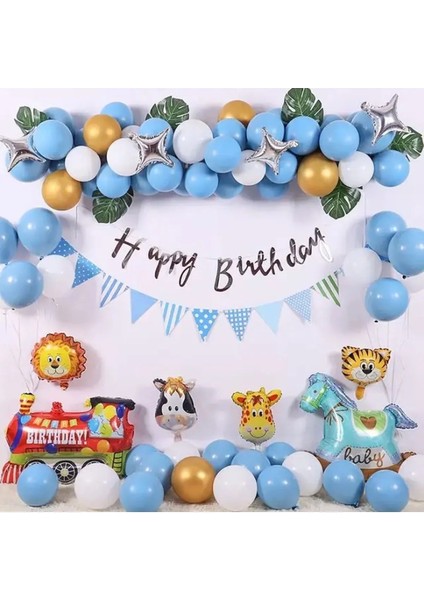 Mavi Balon Safari Folyo Kafalı Doğum Günü Balon Seti