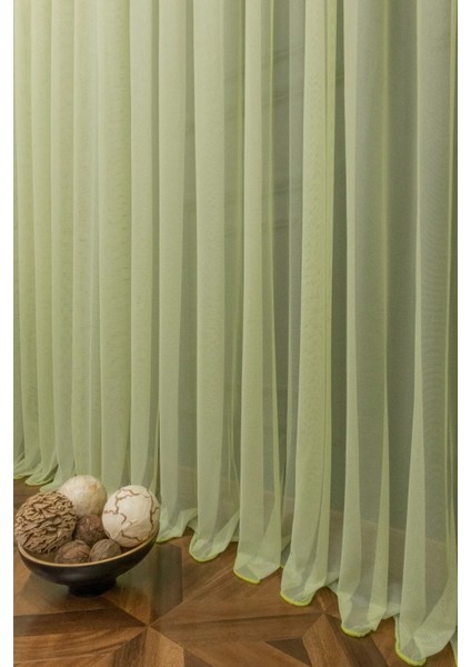 Taç Fıstık Yeşil Düz Renk, 1/2 Seyrek Pile Tül Perde Tek Kanat - 110 x 200 cm
