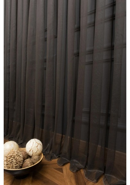 Taç Kahverengi Düz Renk, 1/3 Sık Pile Tül Perde Tek Kanat - 100 x 260 cm