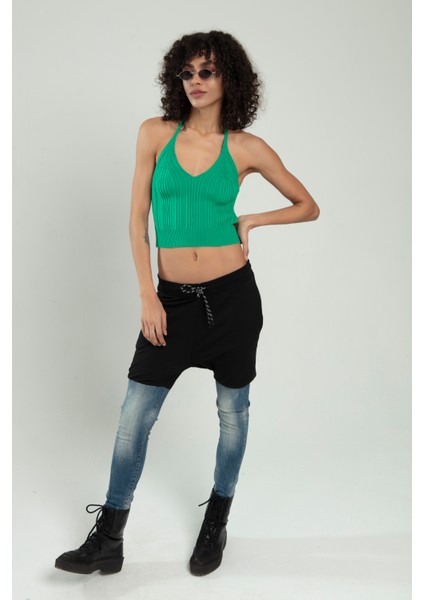 Kadın Benetton Yeşil Renkli Boyundan Bağlamalı Fitilli Spor Triko Büstiyer Atlet Crop Top SFYZ1009