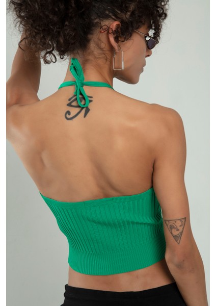 Kadın Benetton Yeşil Renkli Boyundan Bağlamalı Fitilli Spor Triko Büstiyer Atlet Crop Top SFYZ1009