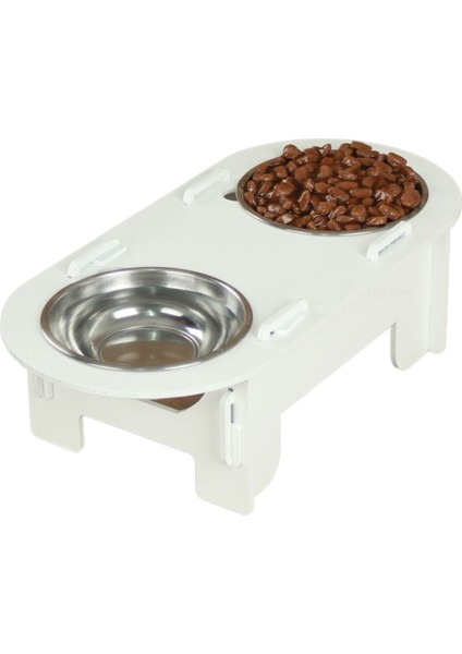 Ahşap Kedi Mama Kabı Standı Beyaz Premium Boyalı Paslanmaz Çelik Kaseli Oval Model