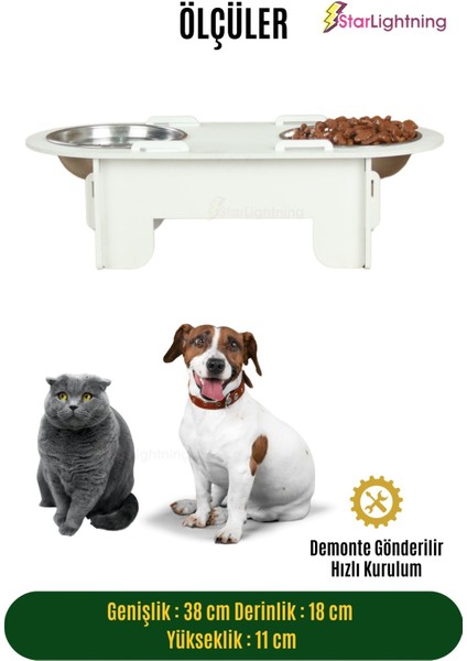 Ahşap Kedi Mama Kabı Standı Beyaz Premium Boyalı Paslanmaz Çelik Kaseli Oval Model