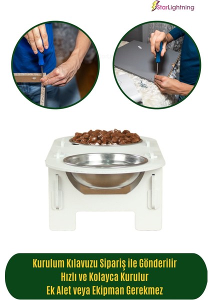 Ahşap Kedi Mama Kabı Standı Beyaz Premium Boyalı Paslanmaz Çelik Kaseli Oval Model