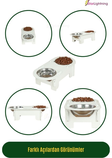 Ahşap Kedi Mama Kabı Standı Beyaz Premium Boyalı Paslanmaz Çelik Kaseli Oval Model