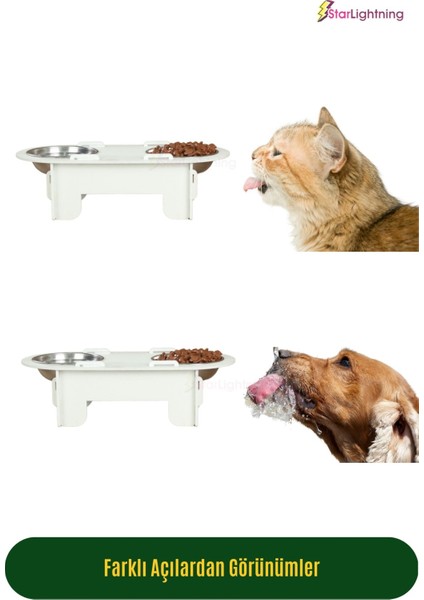 Ahşap Kedi Mama Kabı Standı Beyaz Premium Boyalı Paslanmaz Çelik Kaseli Oval Model