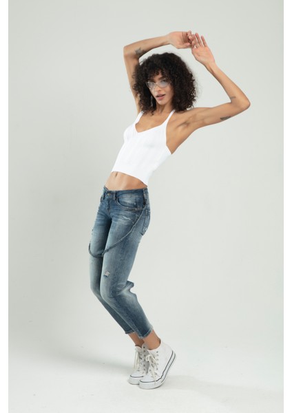 Kadın Beyaz Renkli Boyundan Bağlamalı Fitilli Spor Triko Büstiyer Atlet Crop Top SFYZ1009