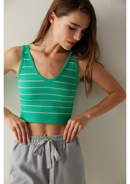 Yeşil Dikişsiz Çizgili Üst