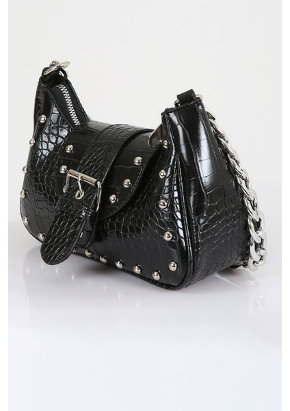 Bony Zımbalı Timsah Desenli Siyah Kol Çantası