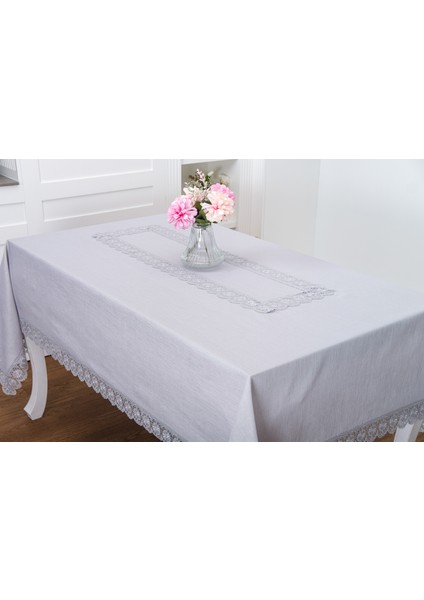 Jena Lüx Dantelli Simli Keten Kumaş Gri Masa Örtüsü 160X220 cm -1470