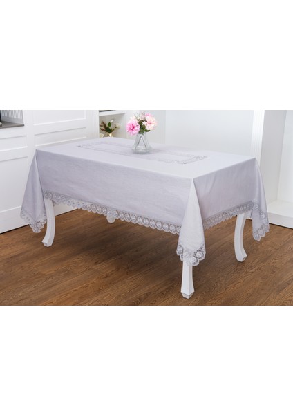 Jena Lüx Dantelli Simli Keten Kumaş Gri Masa Örtüsü 160X220 cm -1470