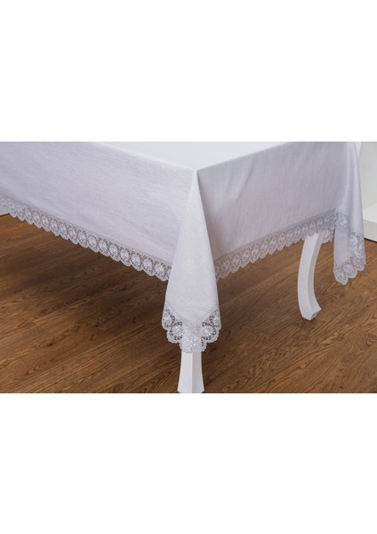 Jena Lüx Dantelli Simli Keten Kumaş Gri Masa Örtüsü 160X220 cm -1470