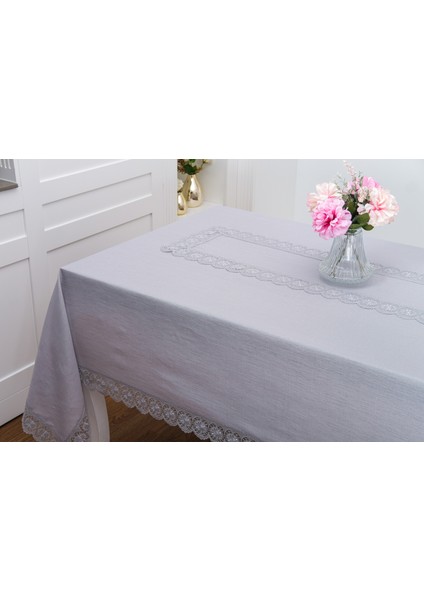Jena Lüx Dantelli Simli Keten Kumaş Gri Masa Örtüsü 160X220 cm -1470