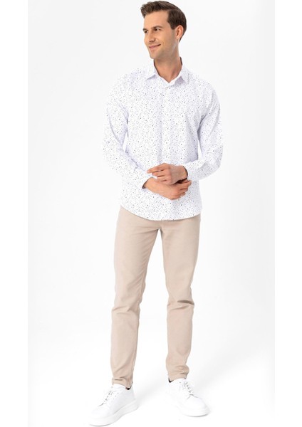 Slim Fit Klasik Yaka Baskılı Lacivert Erkek Gömlek GM2025500410