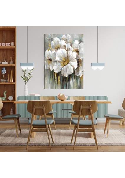 Beyaz Çiçekler Yağlıboya Görünümlü Dekoratif Kanvas Tablo (8 Farklı Ölçü) fiyatları