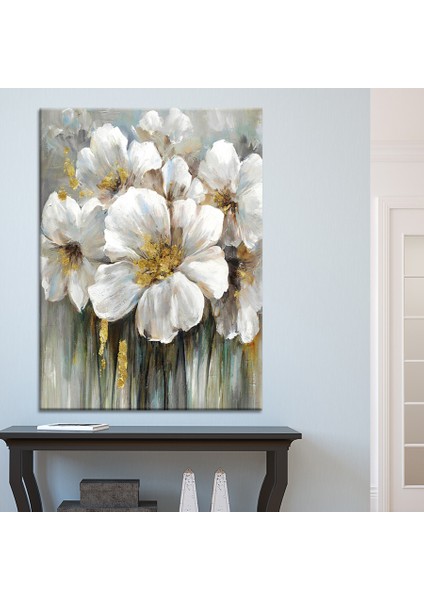 Beyaz Çiçekler Yağlıboya Görünümlü Dekoratif Kanvas Tablo (8 Farklı Ölçü) modelleri