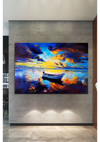 Sahilde Tekne Ve Gün Batımı Sanatsal Kanvas Tablo fiyatları