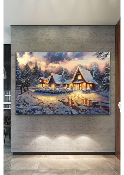 Kış Köy Orman Göl Dekoratif Kanvas Tablo fiyatları