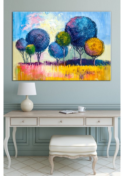 Renkli Ağaçlar Yağlıboya Efektli Sanatsal Dekaratif Kanvas Tablo (7 Farklı Ölçü) modelleri